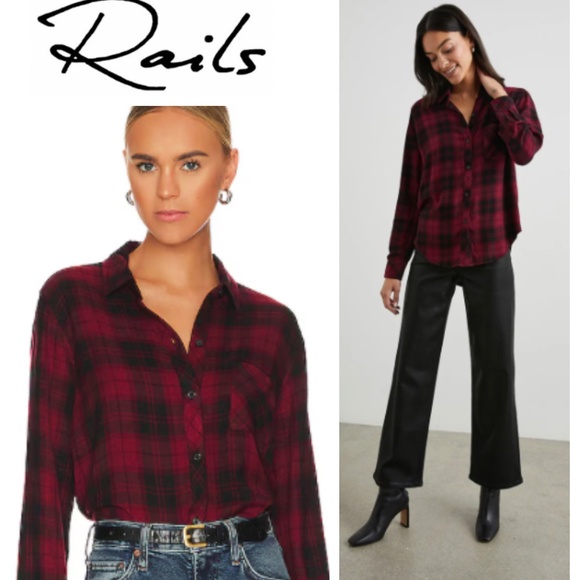 Rails Button Down Shirt Top Medium Plaid Flannel Hunter Crimson Pitch Red Black - Picture 1 of 5